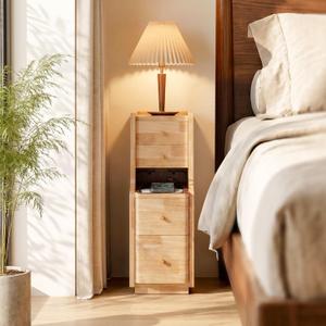Narrow Nightstand with 4 Drawers, 7.9"*26.9“ Solid Wood Narrow Bedside Table Natural with Open Shelf & Cable Hole, Modern Night Stand Slim Bedside Table for Bedroom