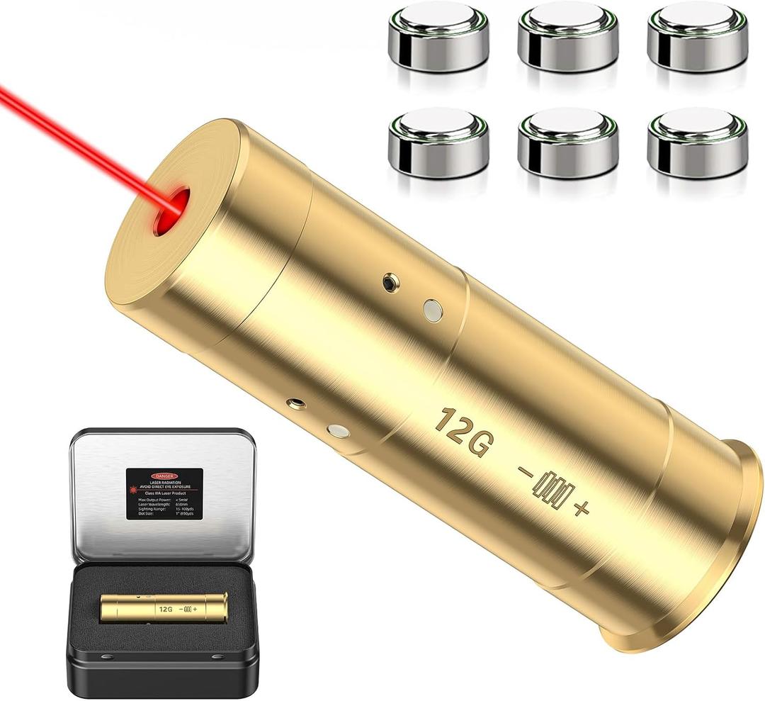 EZshoot Bore Sight Laser 9mm/223 5.56mm/243 308/12-Gauge Red Laser Boresighter with Portable Tin Case and Extra Batteries (Gold)
