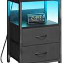 Fixwal Night Stand with Charging Station, LED Nightstand with U-S-B Ports and Outlets for Small Spaces, 2 Fabric Storage Drawers, Bedside Table End Tables Bedroom, Modern Black