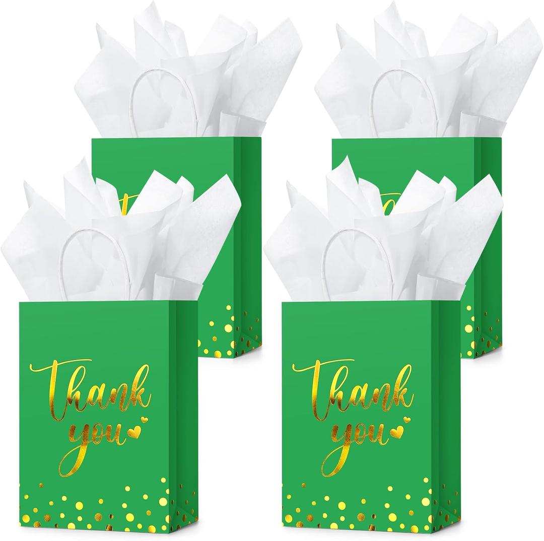 Tinlade 12 Pcs Thank You Gift Bags with Tissue Paper Gold Polka Dots Thank You Bags with Handle Party Favor for Wedding Birthday Baby Shower Business Shopping (Green)
