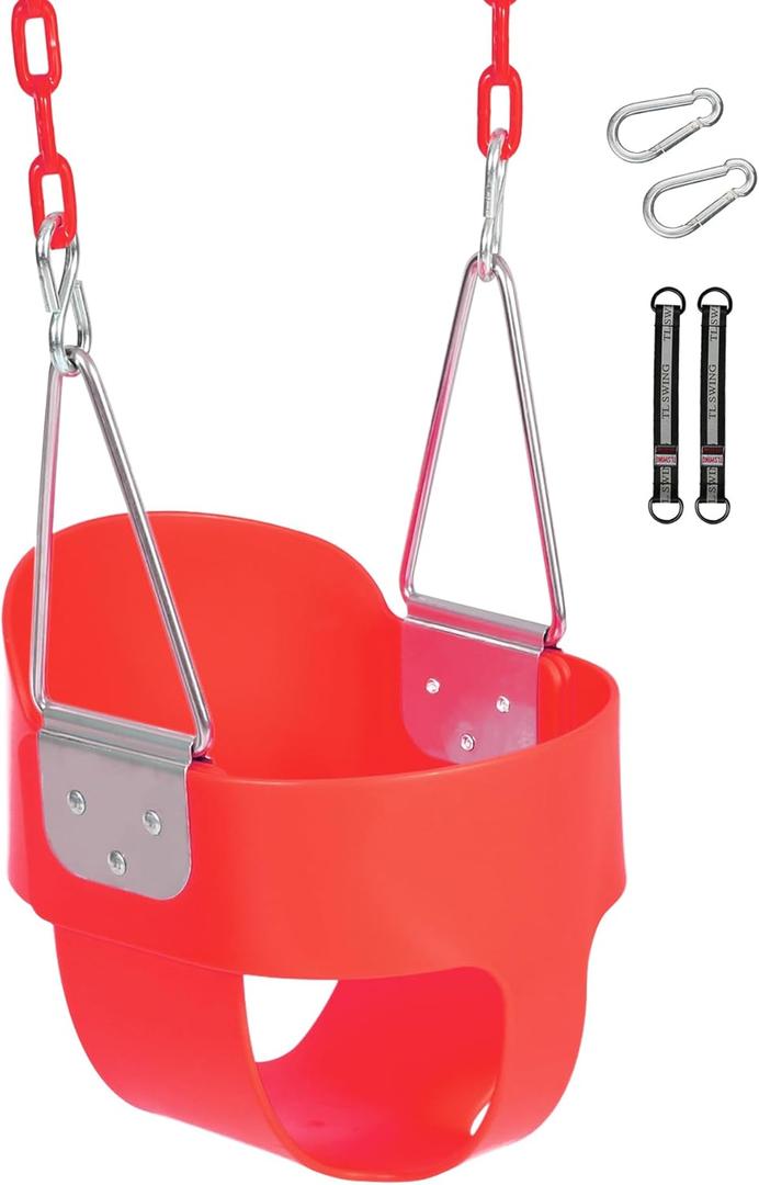 Toddler Swing Seat with Coated Chains, Heavy Duty Kids High Back Bucket Swings with Tree Straps and Hooks for Outdoor, Playground, Backyard, Swing Set Accessories by Domaker, Red