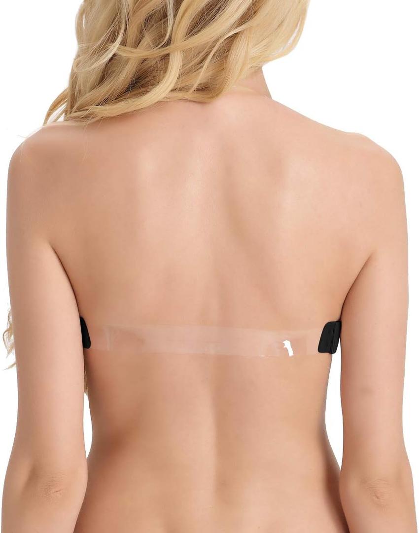 Strapless Clear Back Bra for Backless Wedding Dress Convertible Halter Top Bras with Transparent Invisible Strap (34D, Black)