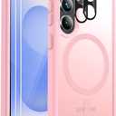Ezanmull for Samsung Galaxy S25 Case Magnetic Shockproof, [Fit for MagSafe] [Glass Screen Protector + Camera Lens Protector] Translucent Anti-Fingerprint Case for Samsung Galaxy S25 6.2" (Pink)