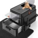 FURTIME Stainless Steel Litter Box with Lid, XL Extra Large Cat Litter Box for Big Cats, Enclosed Drawer Metal Litter Boxs with High Sided Enclosure & Mat, Front & Top Entry, Odor Free, Anti-Leakage (Black)