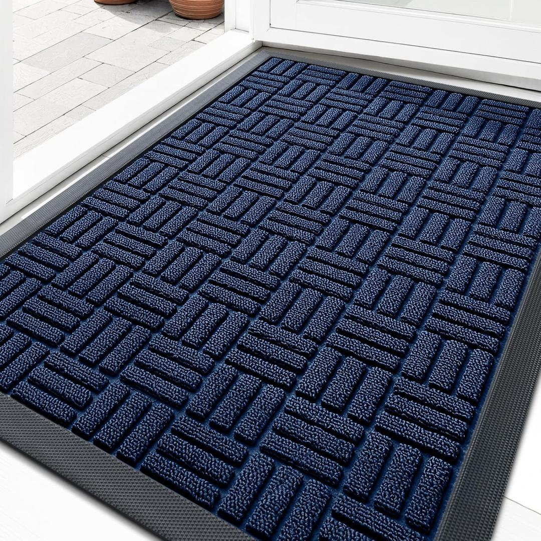 OLANLY Front Door Mat Outside Entrance 29.5x17, Absorbent, Heavy Duty Sturdy Natural Rubber Doormat Indoor Outdoor, Non-Slip, Stain and Fade Resistant, Low Profile Floor Mat for Entryway, Navy Blue