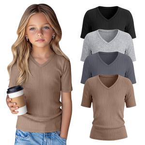 YooAurvox 4 Pack Girls Short Sleeve T Shirts, 4-Color, 9-10 Years