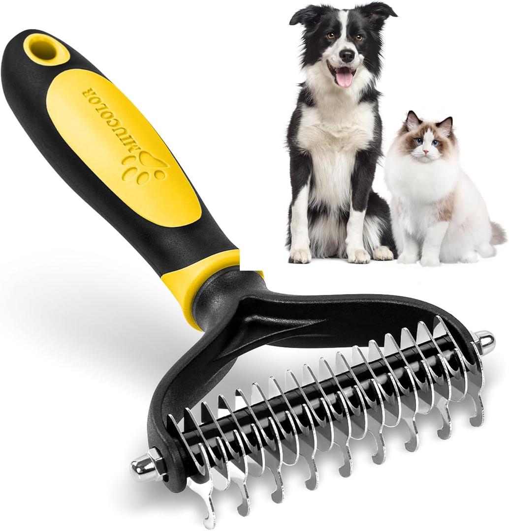 MIU COLOR Pet Grooming Brush, 2 Sided Undercoat Rake for Dogs & Cats, Professional Deshedding Brush and Dematting Tool, Effective Removing Knots, Mats, Tangles for Cats, Dogs, Extra Wide (Yellow)