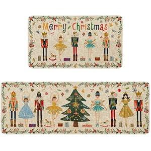 Ideasonna Watercolor Nutcracker Christmas Kitchen Mat Decor, Merry Christmas Kitchen Rugs Sets of 2 Indoor Nutcracker Decorations