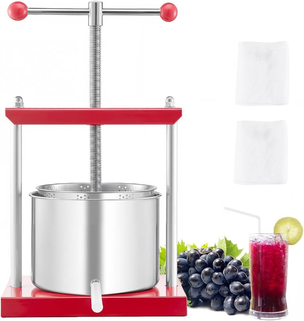 VEVOR 1.6 Gal/6L Fruit Wine Press, 2 Stainless Steel Barrels, Manual Juice Maker, Cider Apple Grape Tincture Honey Olive Oil Making Press with T-Handle for Outdoor Kitchen Home (1.6 Gallon)