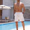 Men's Cotton Shorts Drawstring Waist Embroidered Tree Summer Vacation Beach Shorts (White, L)