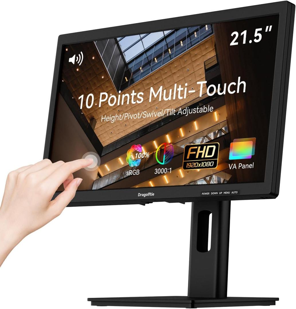 21.5 Inch Touchscreen Monitor VA Panel FHD 1920x1080P, 3000:1 Contrast, 100% sRGB, Height/Pivot/Swivel/Tilt Adjustable PC Touch Screen Computer Display 75Hz, HDMI, VGA, Type-B, Built-in Speakers, VESA