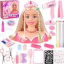 KUBUSFLY 44Pcs Hair Styling Doll Head Toys for Girls, Kids Makeup Hair Salon Pretend Play Styling Kit with Hairdryer, Straightener, Beauty Hair Toy Christmas Birthday Gift for Toddler Girls 3 4 5 6+, 7.5In X 7.3In
