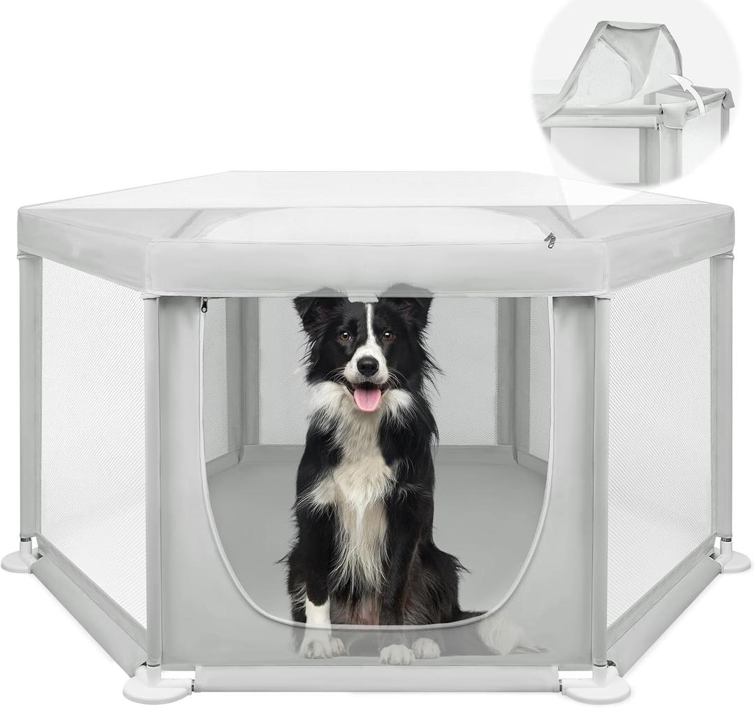 58.3"x58.3"x29.9" Large Dog Playpen Indoor, Extra Tall Puppy Playpen with Removable Roof, Sturdy Fabric Dog Pen for Medium to Large Pets, Spacious Hexagonal Pet Playpen Indoor for Comfort & Security