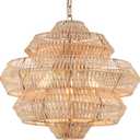 22 Hand Woven Rattan Chandelier 5 Round Adjustable Boho Pendant Light Farmhouse Large Brass Pendant Lighting Fixtures for Dining Room Kitchen Island Living Room, UL Listed