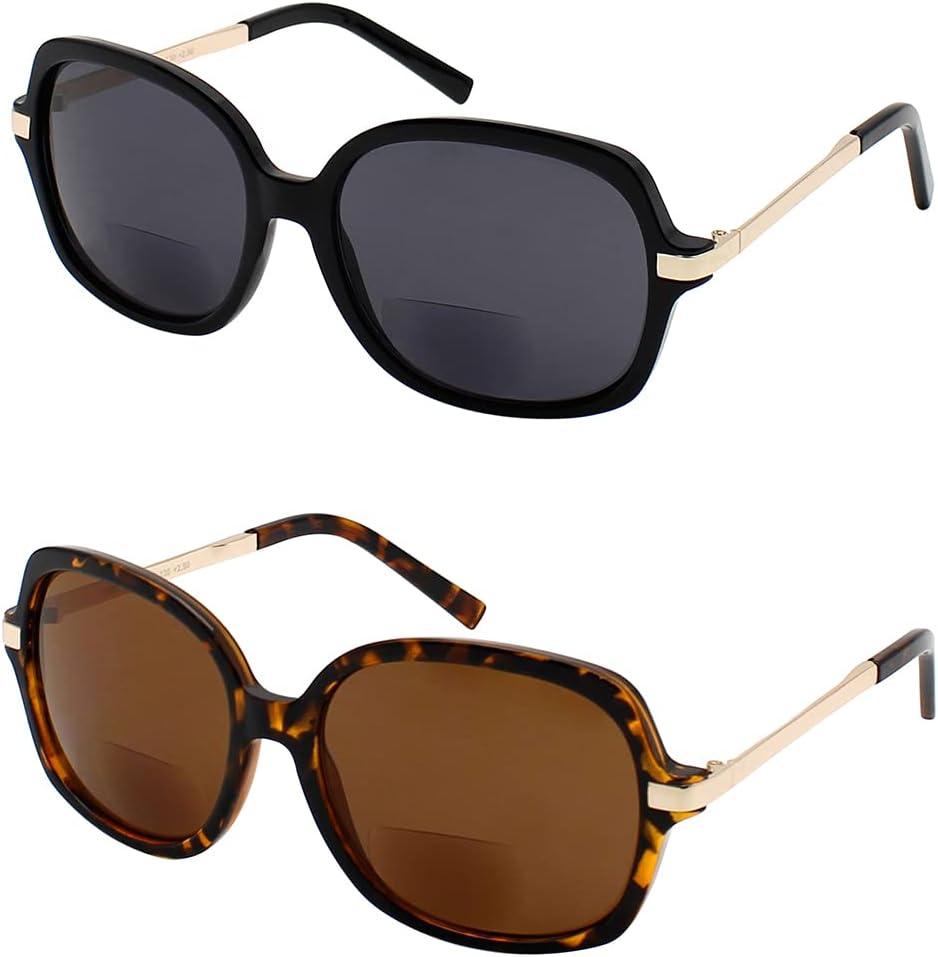 Yogo Vision Bifocal Reading Sunglasses for Women UV400 Sun Protection Outdoor Stylish Square Frame Reader Eyewear (Black and Brown With Metal Temples)