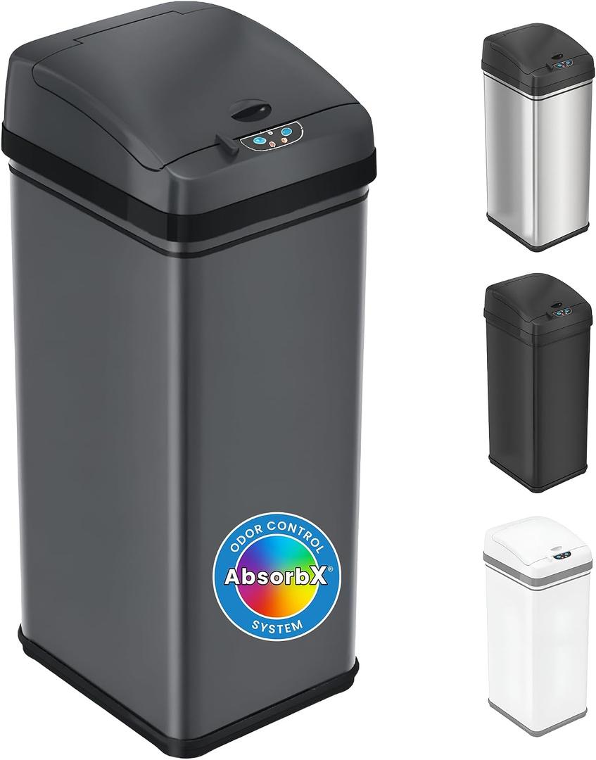 iTouchless 13 Gallon Smart Bin with Odor Filter, 50L Touchless Stainless Steel Kitchen Trash Can, Automatic Motion Lid, Fingerprint-Proof, Hands-Free Pet-Safe Lock & Soft-Close, Modern Gunmetal Gray