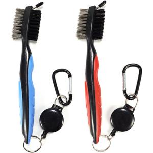 Pack of 2 Golf Club Brush Groove Cleaner with 2 Ft Retractable Zip-line and Aluminum Carabiner Lightweight and Stylish, Must-Have Golf Tool for Cleaning Dirty Clubs Groove (Blue + Black)