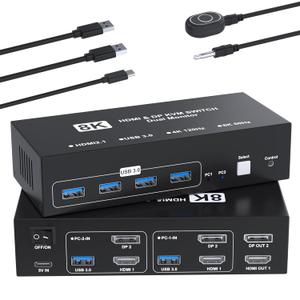 8K@60Hz HDMI Displayport KVM Switch 2 Monitors 2 Computers, 4K@120Hz USB3.0 Dual Monitor HDMI KVM Switches Display Port for 2 Computers Share 2 Screens and 4 USB Devices for Keybord Mouse Printer