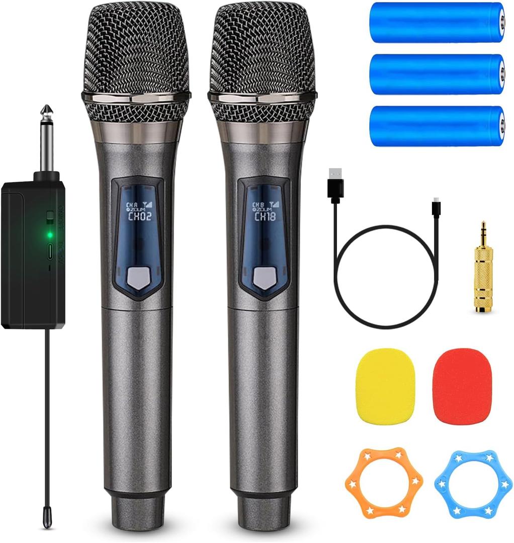 Karaoke Wireless Microphone System Audio Dual Cordless Dynamic Handheld Mic With Rechargeable Mic And Receiver,For Karaoke Singing,Church,Rap Vocals,Singing Recording,Wedding, Party,DJ,Sperkers
