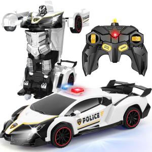 Remote Control Car Transformer Toys for Boy 4-6 Years Old: One-Button Transforming Police Car with LED Light & 360 Rotation Drifting 2.4 Ghz Robot RC Car Christmas Birthday Gift Idea for Kids (Black)