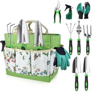 Garden Tools Set, 8 in 1 Heavy Duty Garden Tools Kit, Stainless Steel Ergonomic Gardening Hand Tool with Upgraded Bag, Gardening Supplies Gift for Women, Kid, Organizer