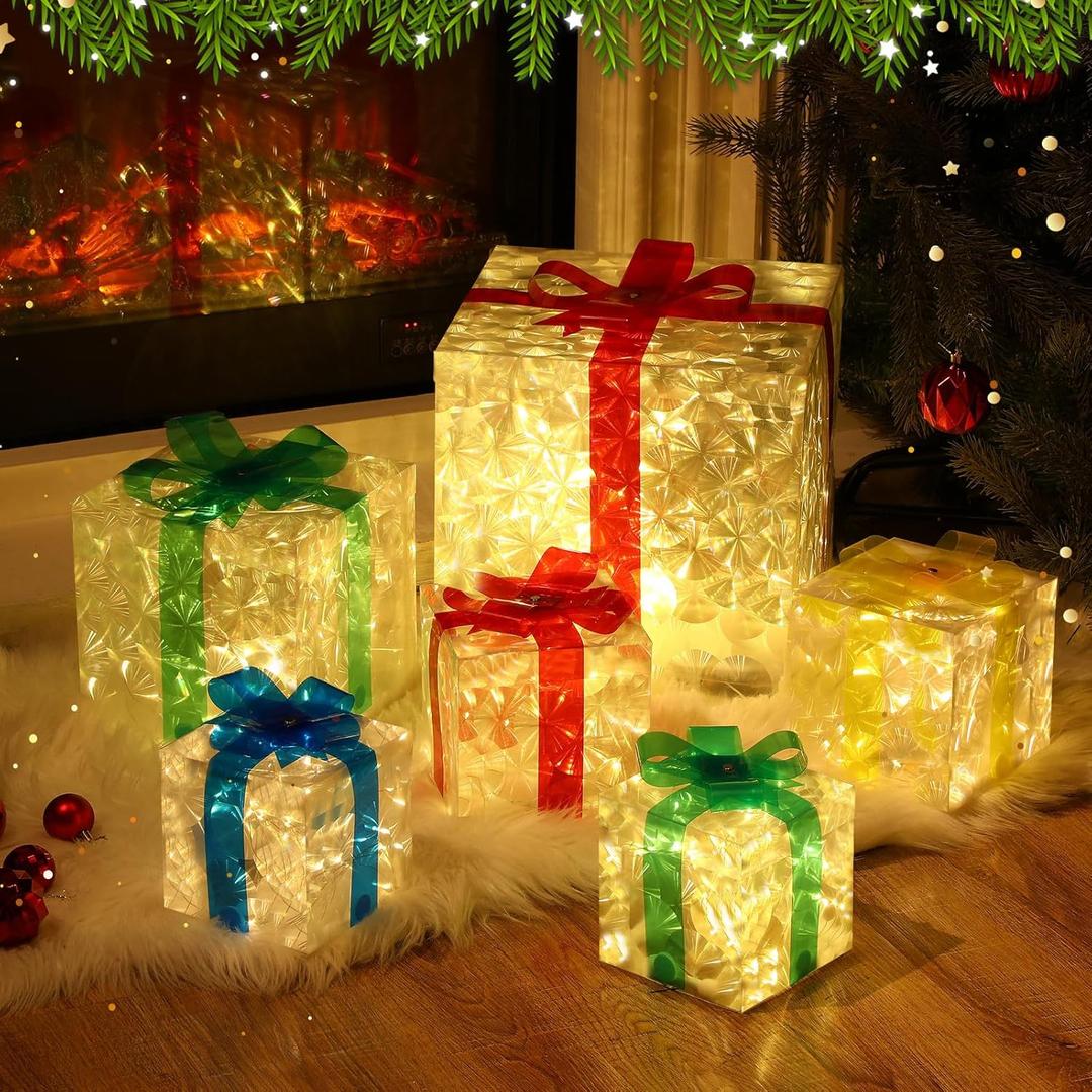 Kigley Set of 6 Fake Presents Christmas Lighted Gift Boxes LED Decorations, Pre Lit Light up Xmas PVC Under Tree Ornament Decor Indoor, Holiday Party Fireplace Home Pathway Art