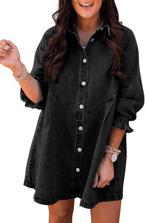 Sidefeel Womens Smocked 3 4 Sleeve Button Down Denim Jeans Dresses (XL)