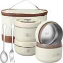 Dandat 4 Pcs Insulated Bento Box Portable Stainless Steel Food Container Round Stackable Leakproof Thermal Food Container for Adult Men Women with Insulated Bag, 74 Oz(Beige)