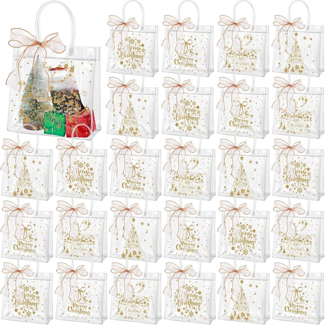 Henoyso 24 Pcs Gold Christmas Clear Gift Bags Plastic Goodie Candy Treat Bag with Handles PVC Gift Wrap Totes with Ribbon for Xmas Party Favors (7.8 x 7.8 x 3.1)