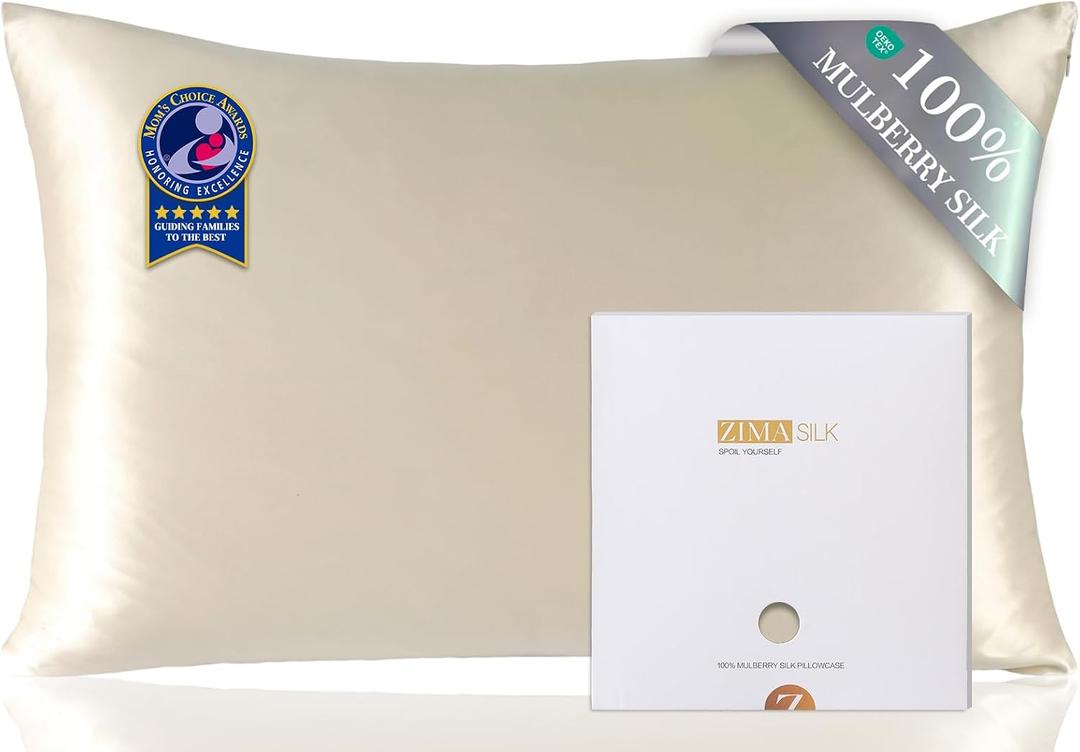 ZIMASILK 100% Pure Mulberry Silk Pillowcase for Hair and Skin Health,Soft and Smooth,Both Sides Premium Grade 6A Silk,600 Thread Count,with Hidden Zipper,1pc(Standard 20''x26'',Beige)