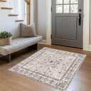 Washable 3x3 Square Rug for Entry Bathroom Kitchen Bedroom Carpet - Non Slip Stain Resistant Low Pile Soft Door mat - Protect Hardwood and Laminate Flooring Floral Farmhouse Decor 3x3 Beige