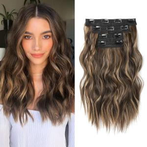 14" Short Clip in Hair Extensions - 4PCS Beach Wave Chocolate Brown With Highlights, Natural Soft Synthetic Hairpiece for Women