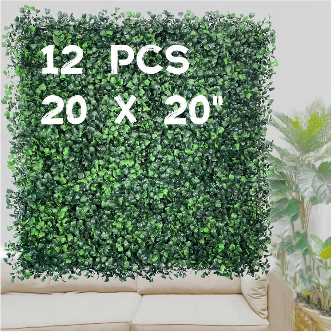 Grass Wall Panels Pack of 12 20"x20" Boxwood Wall Greenery Wall Backdrop, Artificial Green Grass Wall Decor for Indoors Outdoors. Privacy Hedge Screen Garden Fencev Decor Patio Party Wedding