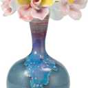 Small Ceramic Lake Blue Long-Neck Wide-Mouth Pottery Vase with Five Ceramic Flowers