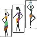 PUDASTO 3 Pieces African Wall Art Decor, Maximalist Hanging African Woman Wall Art, Abstract Metal Wall Art, Ethnic Dance Style Drawing Wall Decor for Home Kitchen Bathroom Living Room Bedroom