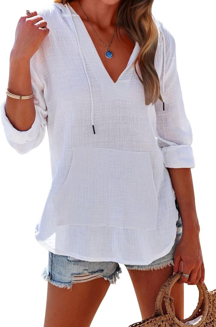 Ebifin Women's Beach Cover Up Hoodies Sweatshirt Long Sleeve V Neck Pocketed Hooded Shirt Top (S, White)