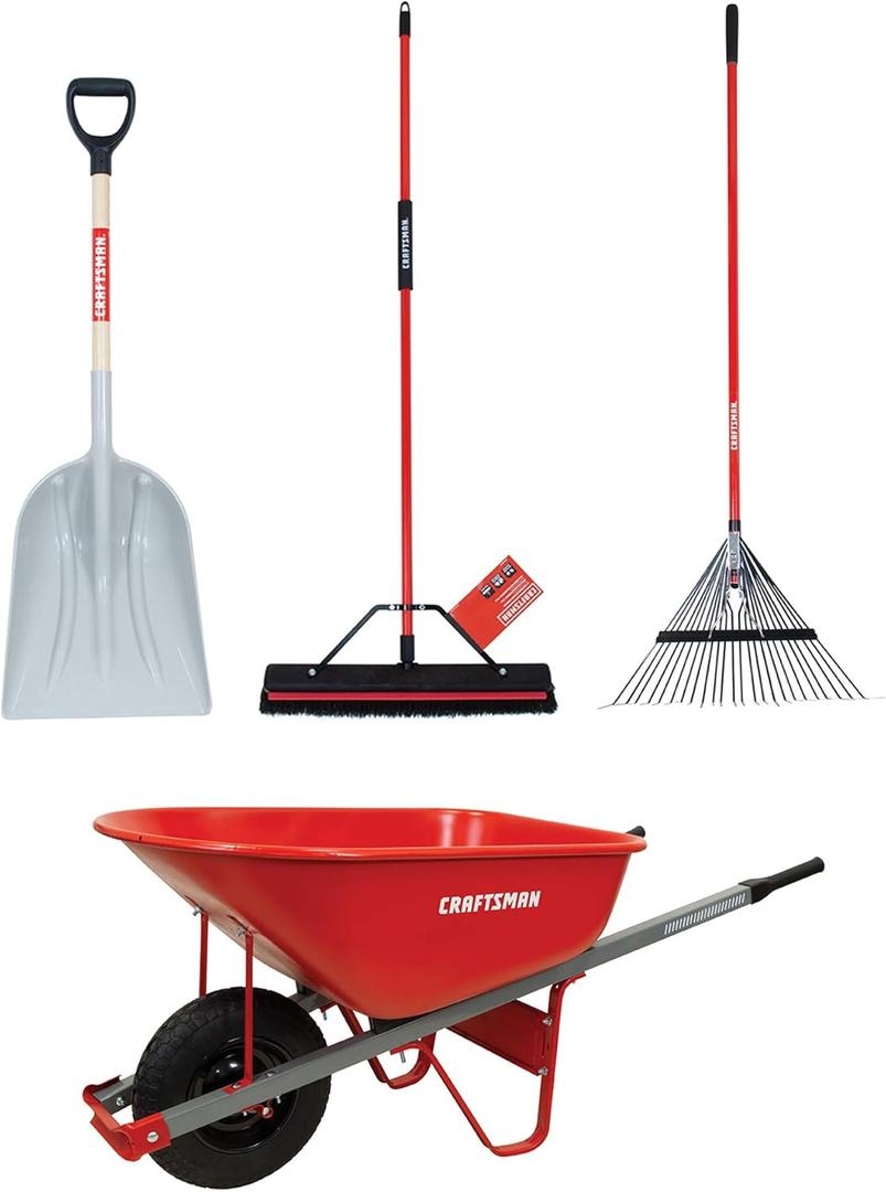 CRAFTSMAN CMXMKIT0130 4-Piece Outdoor Tool Set with D-Grip Poly Scoop Shovel, Rake, Squeegee Push Broom & 6 Cubic Ft. Wheelbarrow, Red