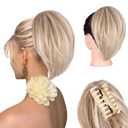 Clip on Ponytails for Women - 10 Inch Short Ponytail Extension, Straight Pony Tails Hair Extensions, Synthetic Hair Extensions Ponytail, Clip in Ponytail (Color: Ash Blonde with White Highlights)