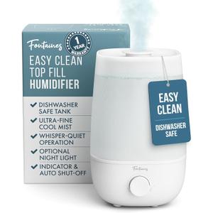 Fontaines Luxury Top-Fill Humidifiers for Bedroom, Cool Mist 360 Ultra-Fine Spray, Whisper-Quiet, Dishwasher-Safe Tank, Nightlight & Auto Shut-Off, Easy Clean Baby Nursery