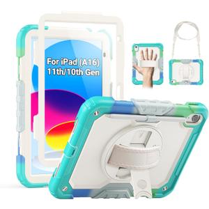 SEYMAC Case for iPad (A16) 11th/10th Generation 2025/2022 (11/10.9), Sturdy Heavy Duty Full-Body Shockproof Protective Case with Screen Protector, Rotating Stand, Hand/Shoulder Strap, Colorful/Blue