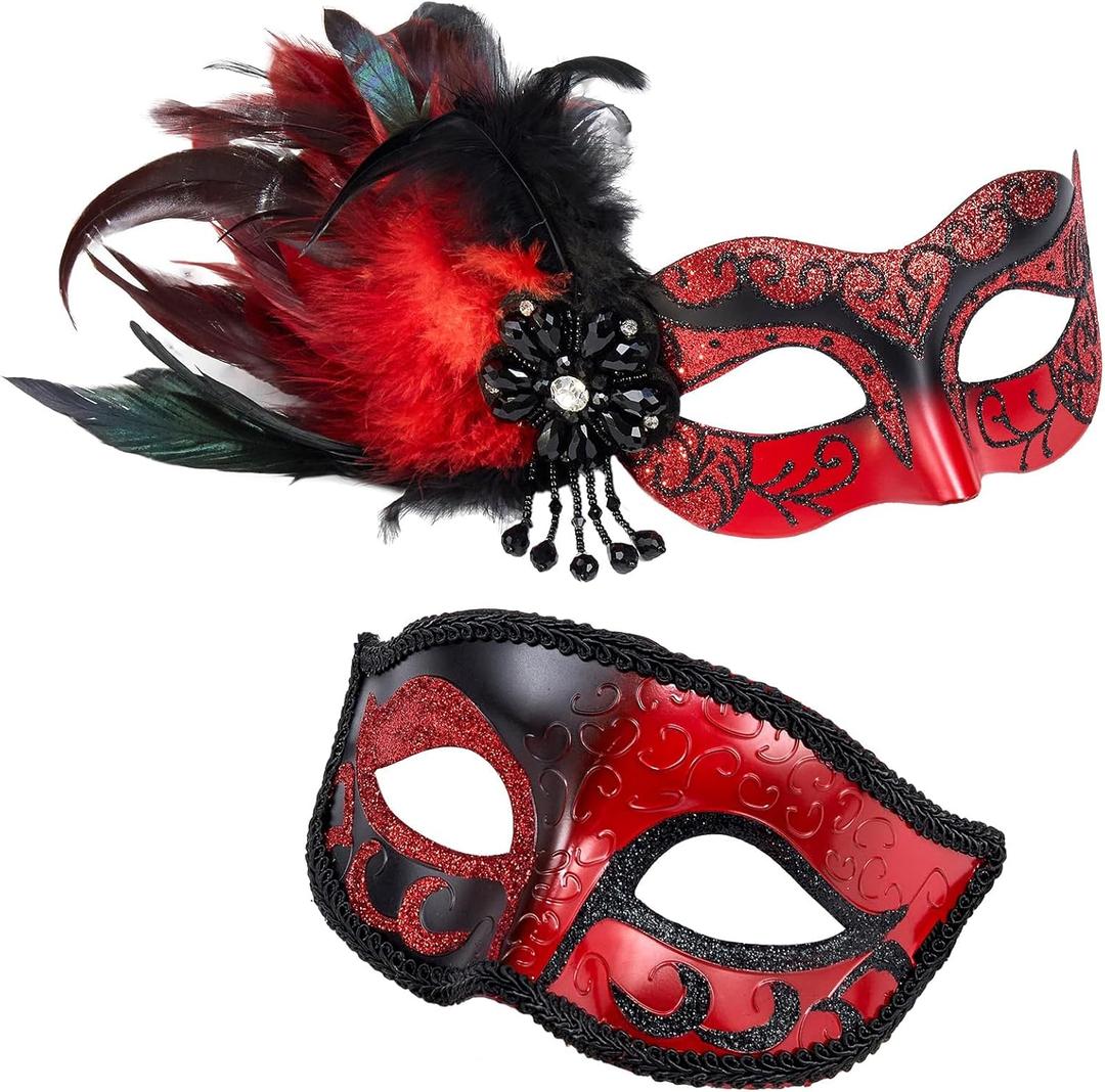 2025 New Masquerade Mask with Feather for Couples - Women's Masquerade Mask with Feather & Men Venetian Costume Mask (Black Red)