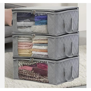 5 Pcs NEW Large Foldable Storage Bag Organizer with Reinforced Handle,Clear Window,Zipper Closure,Moving Bags and Storage Containers for Bedding,Comforters,Clothing,Grey