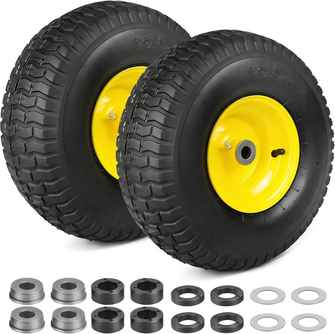 LotFancy 15x6.00-6nhs Lawn Mower Tire, 2 Pack Replacement Riding Mower Front Tire & Wheel, With 3" Centered Hub & 3/4" Bushings, Extra 5/8" Bushings