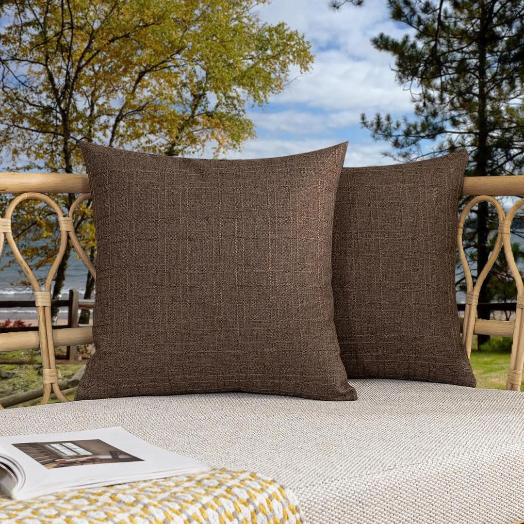 Kevin Textile Pack of 2 Outdoor Waterproof Throw Pillow Covers Decorative Farmhouse Checkered Square Solid Cushion Cases for Patio Garden Porch Sofa Brown 18x18 inch