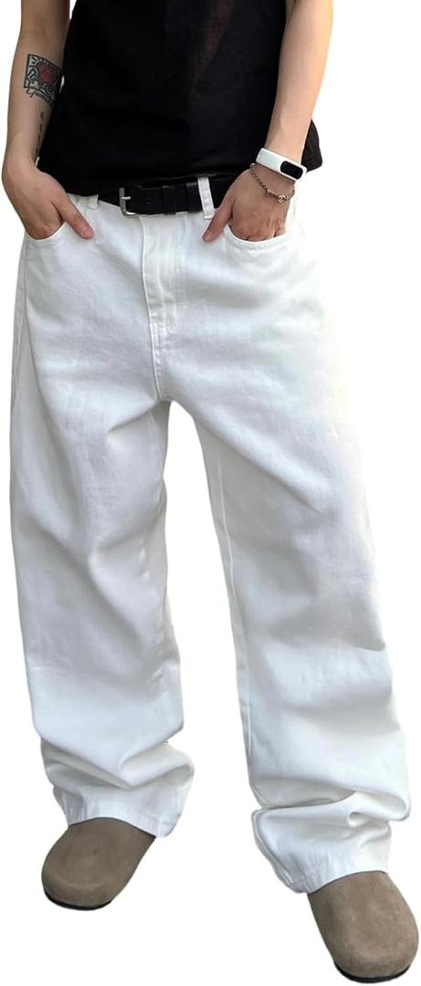Men's Wide Leg Regual Fit Y2K Jeans Hip Hop Streetwear Denim Pants Casual Skateboard Trousers (Medium, G9 White)