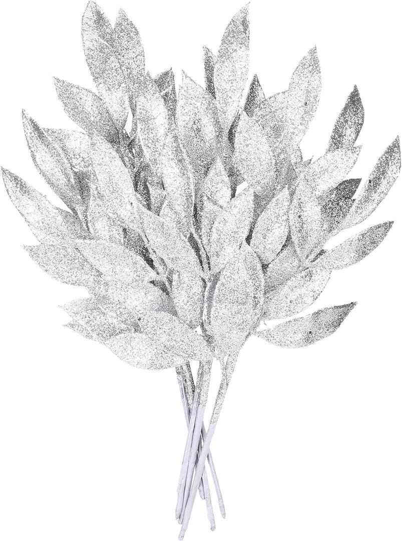 Sea Team 6-Pack Artificial Glitter Leaf Ornaments, Decorative Sticks, Glittery Twigs, Stems, Picks, Branches for Christmas Tree, Wreath, Vase Fillers for Centerpieces, Home Dcor, Silver