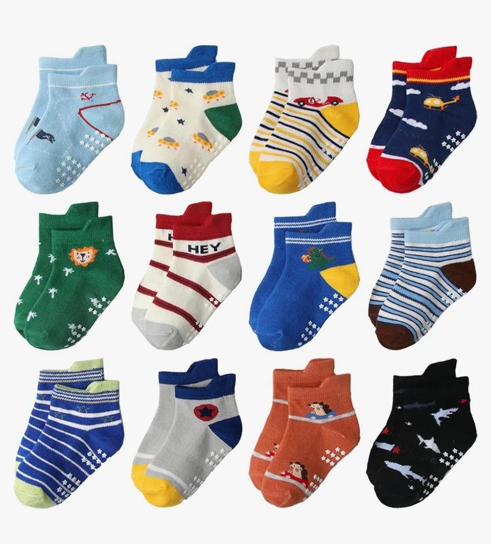 Aroveea Toddler Socks Non Slip Grip Cute Cotton Baby Socks 12 Pack for Toddler Boys Girls Kids. 1-3T