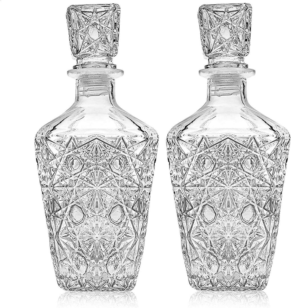 Whiskey Decanter  Elegant Liquor Decanter Set  Glass Liquor Bottle for Whiskey, Tequila and Brandy  Sophisticated Sparkling Design  Set of 2 Premium Decanters for Alcohol