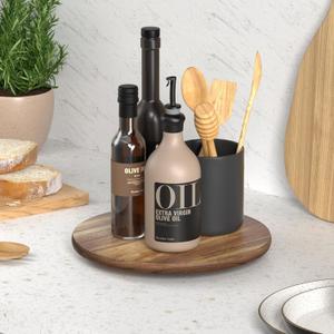 Lazy Susan for Table Top Bamboo Lazy Susan Turntable for Cabinet Kitchen Countertop Organizer for Condiment Bathroom Counter Organizer Decor Sink Tray Acacia Wood 10 Inch (Brown)