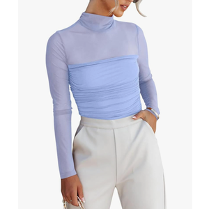REORIA Women’s Trendy Sexy Mock Turtle Neck Long Sleeve Sheer Mesh Ruched Going Out Bodysuits Tops, Size L